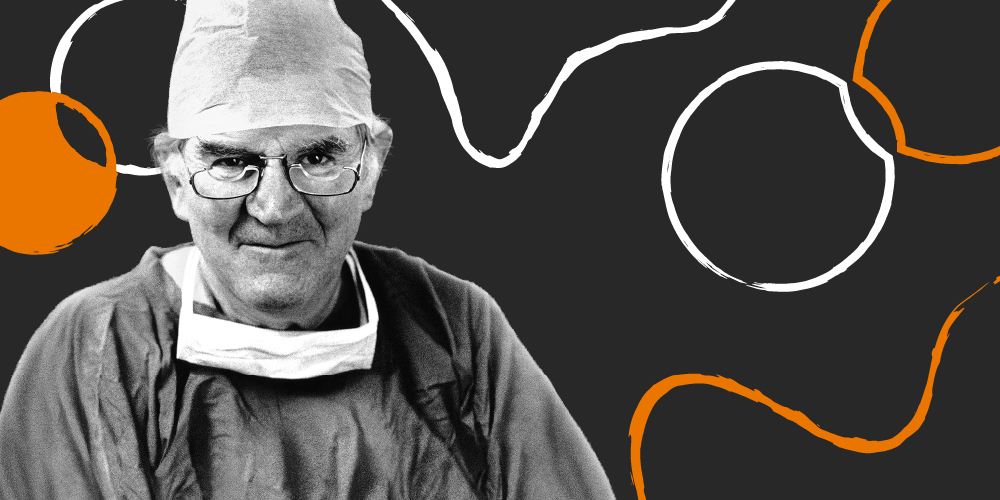 Dr. Fred Hollows in doctor's scrubs against a black, white and orange background.